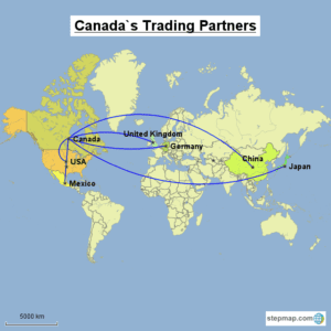 Canada top trading partners in 2023 include the United States, China, Japan, the UK, Mexico, the Netherlands, Germany, and South Korea.